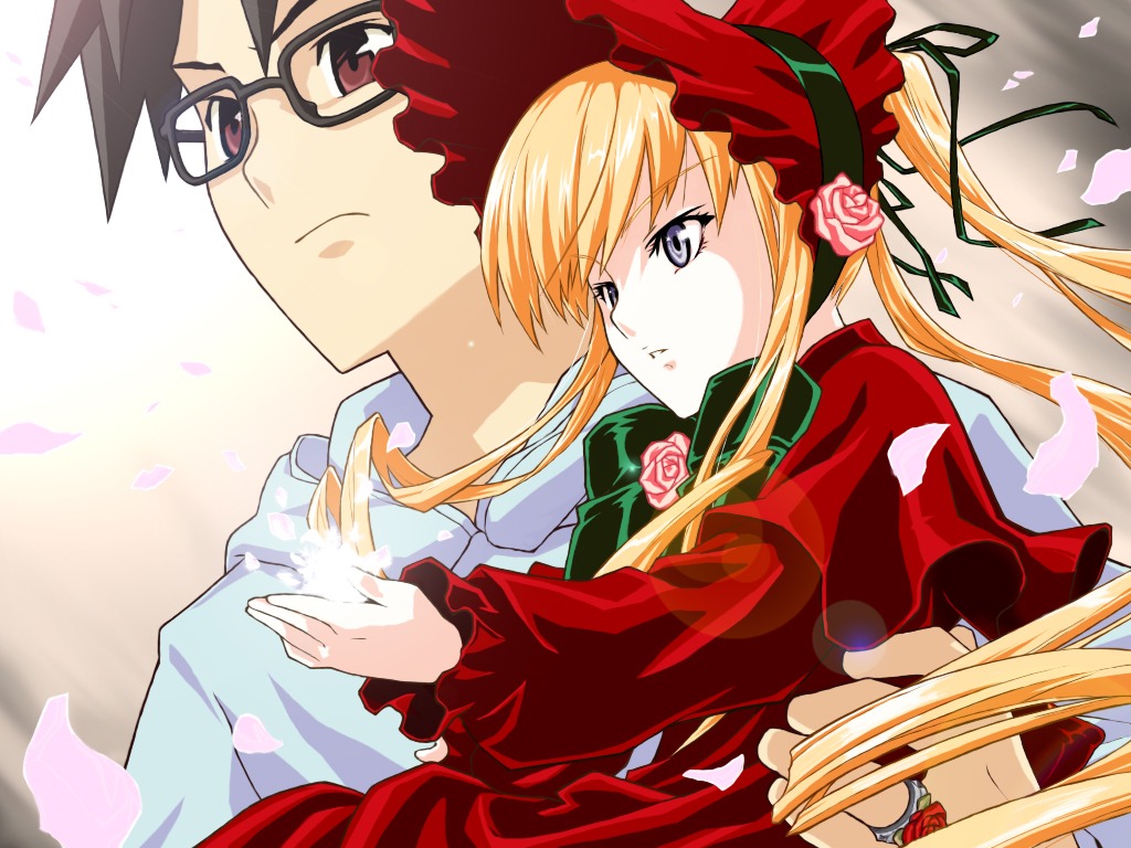 1boy 1girl artist_request blonde_hair blue_eyes bonnet bow brown_hair carrying dress flower glasses image jewelry long_hair long_sleeves looking_away magic petals pink_flower pink_rose red_dress red_eyes ring rose rose_petals rozen_maiden sakurada_jun shinku size_difference solo
