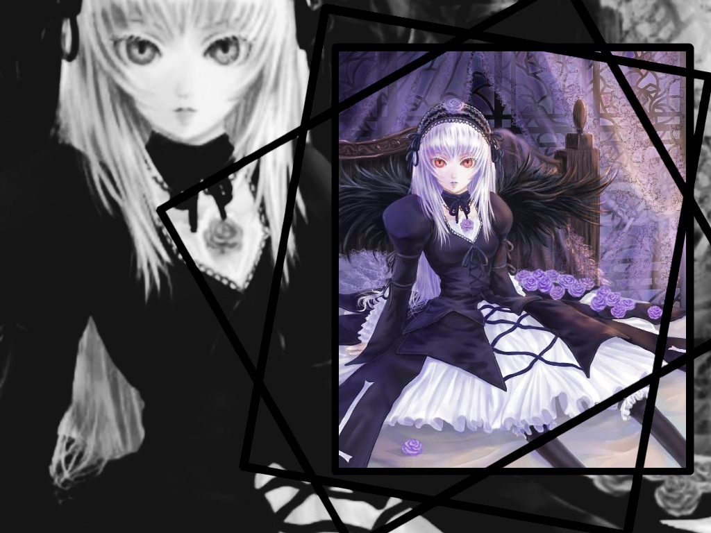 1girl black_wings dress feathers flower frills hairband image long_hair long_sleeves looking_at_viewer red_eyes ribbon rose silver_hair solo suigintou wings