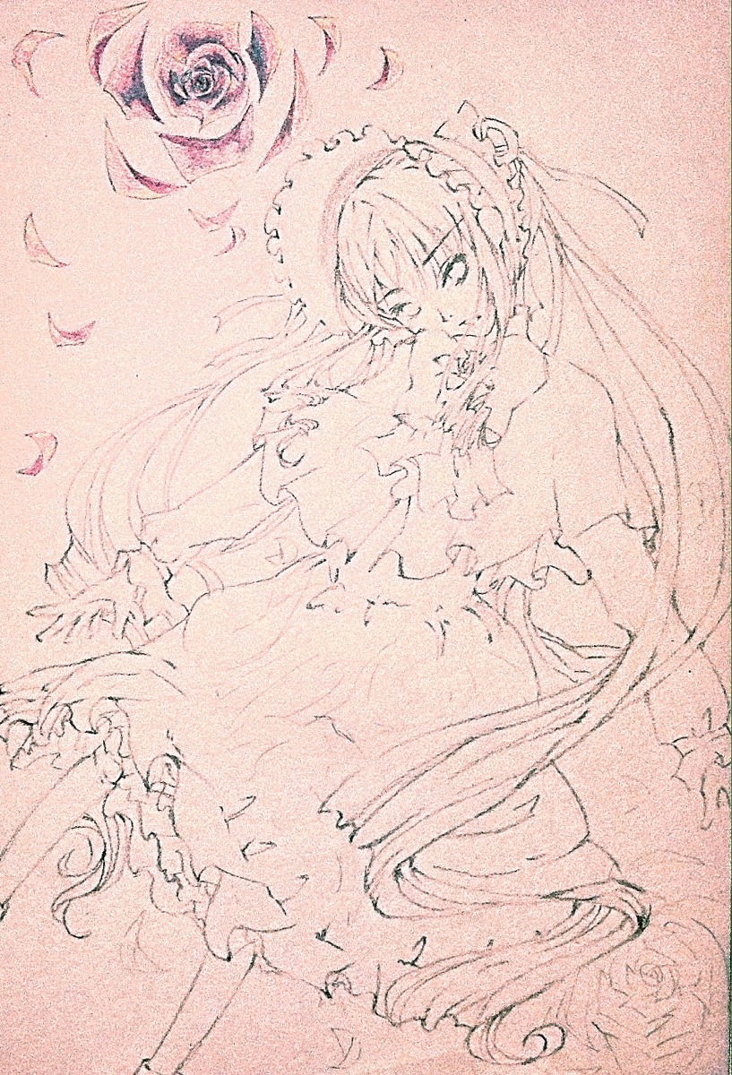 1girl blush dress flower frills image long_hair long_sleeves looking_at_viewer monochrome rose shinku solo suigintou suiseiseki traditional_media very_long_hair