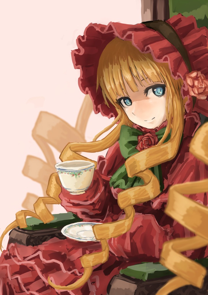 1girl blonde_hair blue_eyes bonnet bow cup dress flower food image long_hair looking_at_viewer pink_flower pink_rose red_dress red_flower red_rose rose saucer shinku sitting solo table tea teacup