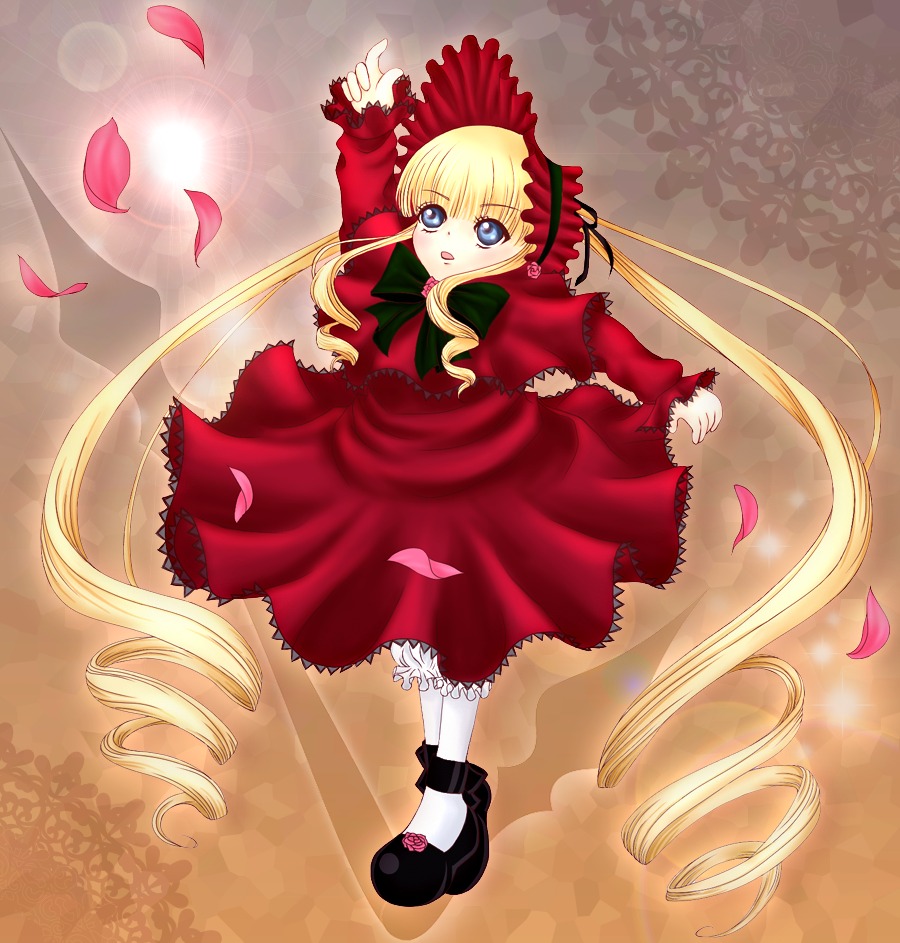 1girl blonde_hair blue_eyes bonnet bow bowtie dress drill_hair flower full_body green_bow image long_hair long_sleeves looking_at_viewer pantyhose petals red_dress rose_petals shinku shoes solo standing twin_drills twintails very_long_hair white_legwear