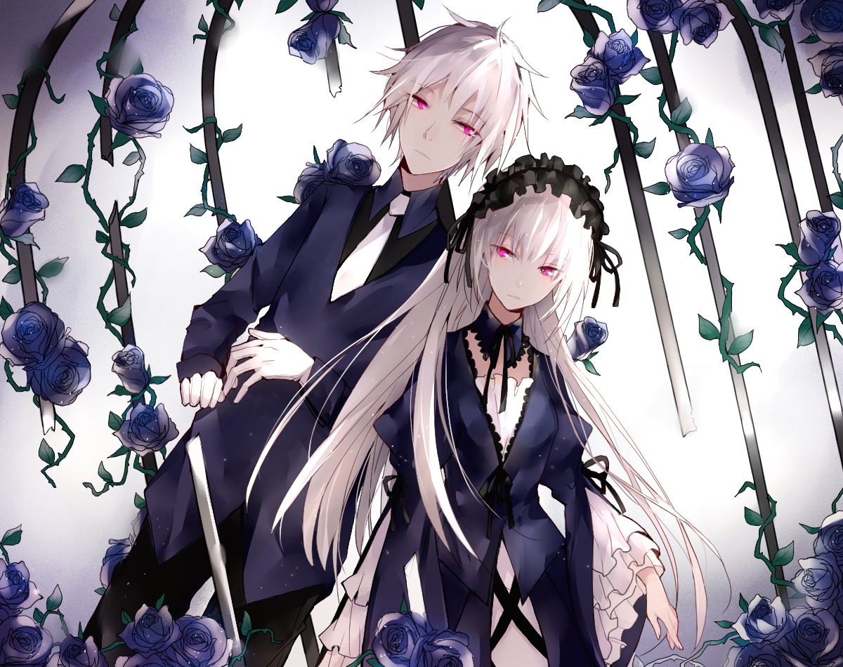 1boy 1girl black_flower black_rose blue_flower blue_rose dress flower hairband image long_hair long_sleeves looking_at_viewer pink_rose plant purple_flower purple_rose red_eyes red_flower red_rose rose solo suigintou thorns vines white_hair white_rose yellow_flower yellow_rose