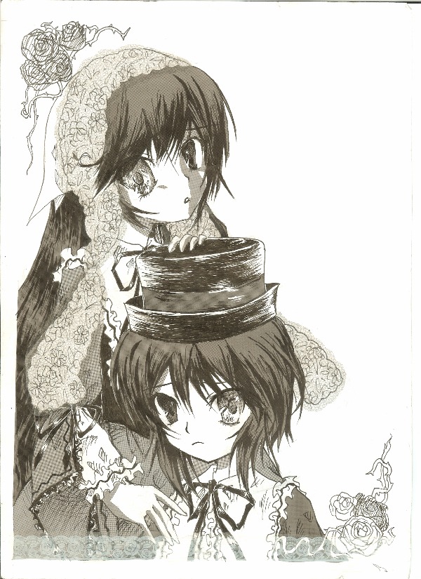 2girls blush bonnet flower frills greyscale hat image long_hair long_sleeves looking_at_viewer monochrome multiple_girls pair ribbon rose short_hair siblings sisters souseiseki striped suiseiseki twins