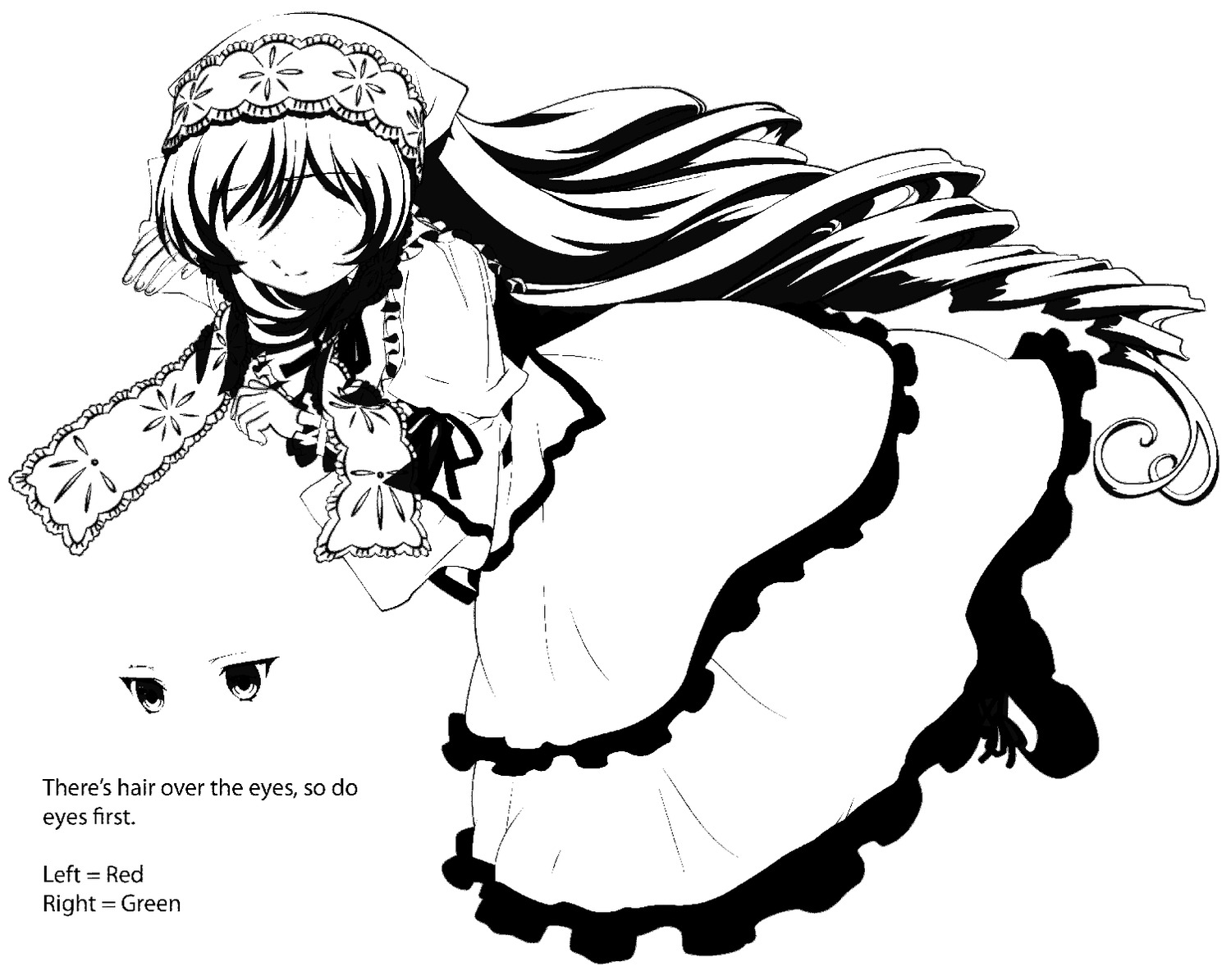 1girl closed_eyes dress frills greyscale image long_hair long_sleeves lying monochrome solo striped striped_background suiseiseki vertical_stripes very_long_hair