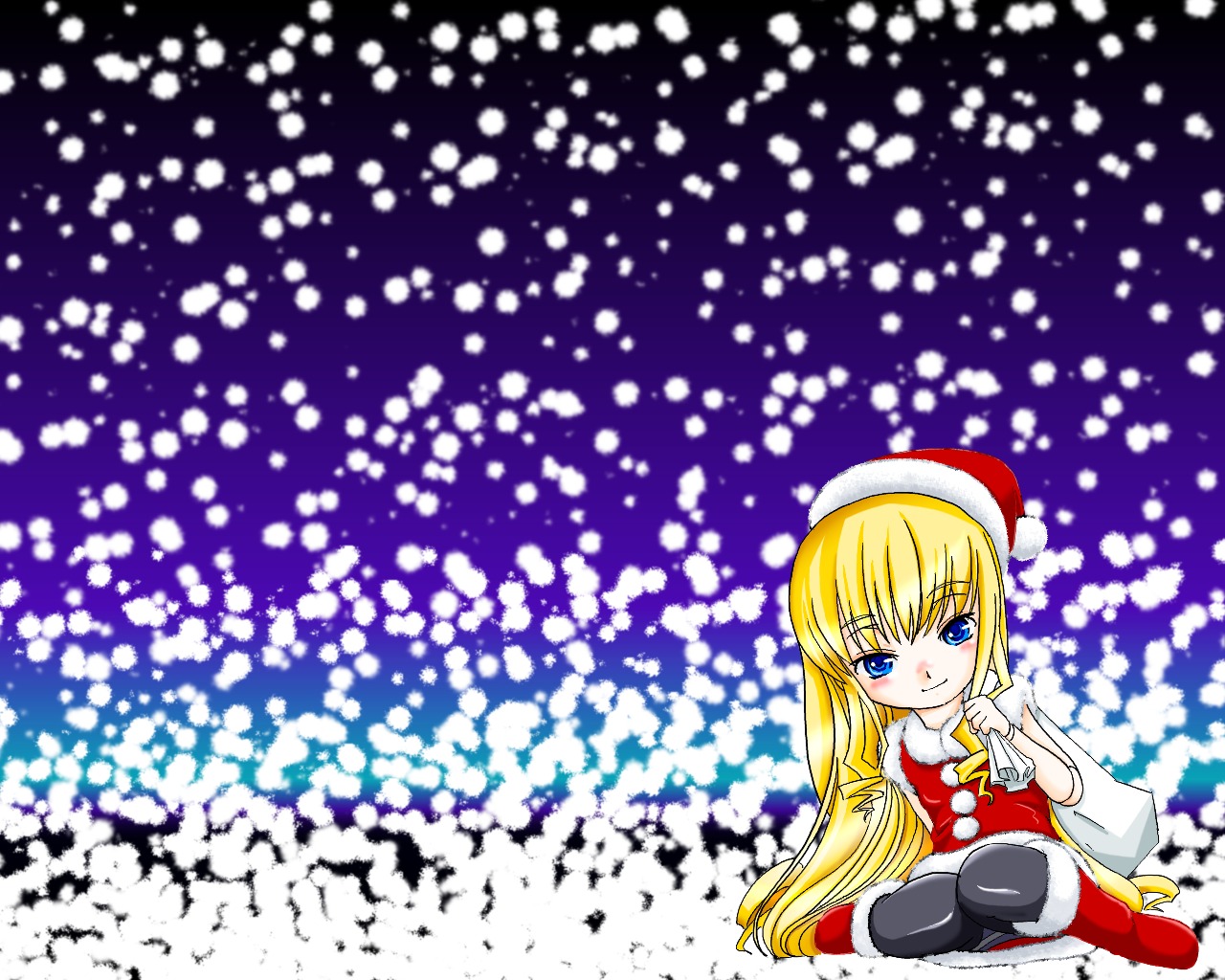 1girl black_legwear blonde_hair blue_eyes blush boots hat image long_hair pantyhose santa_costume santa_hat shinku sitting smile solo