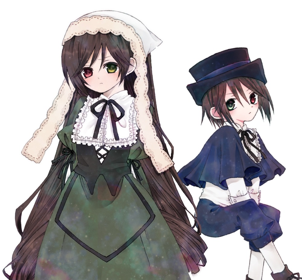 2girls black_ribbon blush brown_hair dress frills green_dress green_eyes hat head_scarf heterochromia long_hair long_sleeves looking_at_viewer multiple_girls red_eyes ribbon short_hair siblings sisters souseiseki suiseiseki top_hat twins very_long_hair