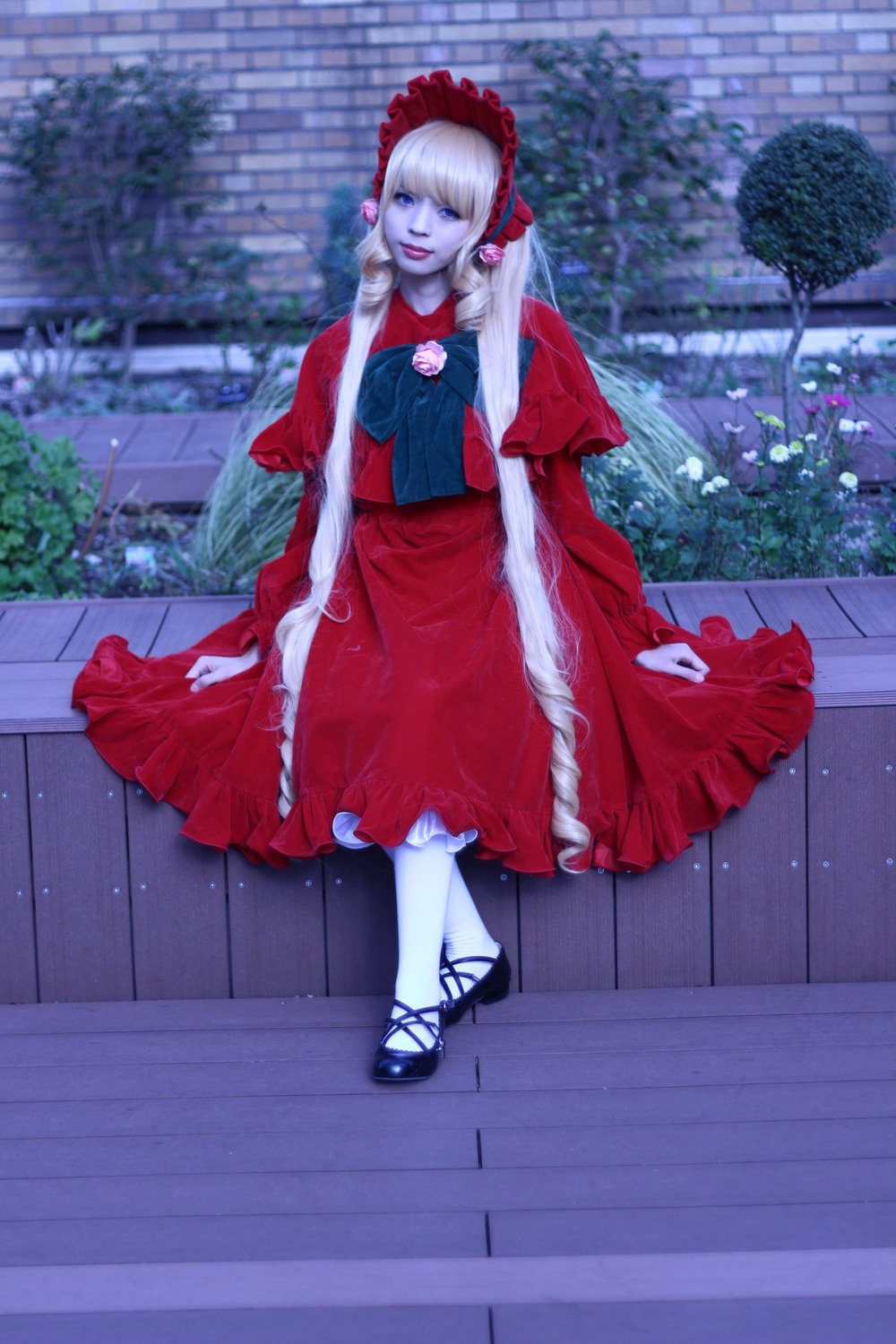 1girl building dress frills red_dress shinku solo stairs white_legwear