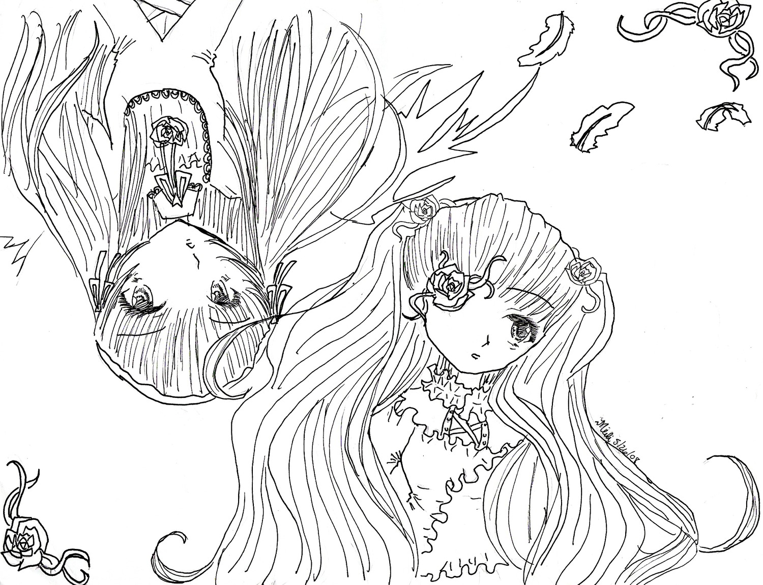 auto_tagged dress flower greyscale image kirakishou long_hair looking_at_viewer monochrome pair rose shinku simple_background suigintou upper_body