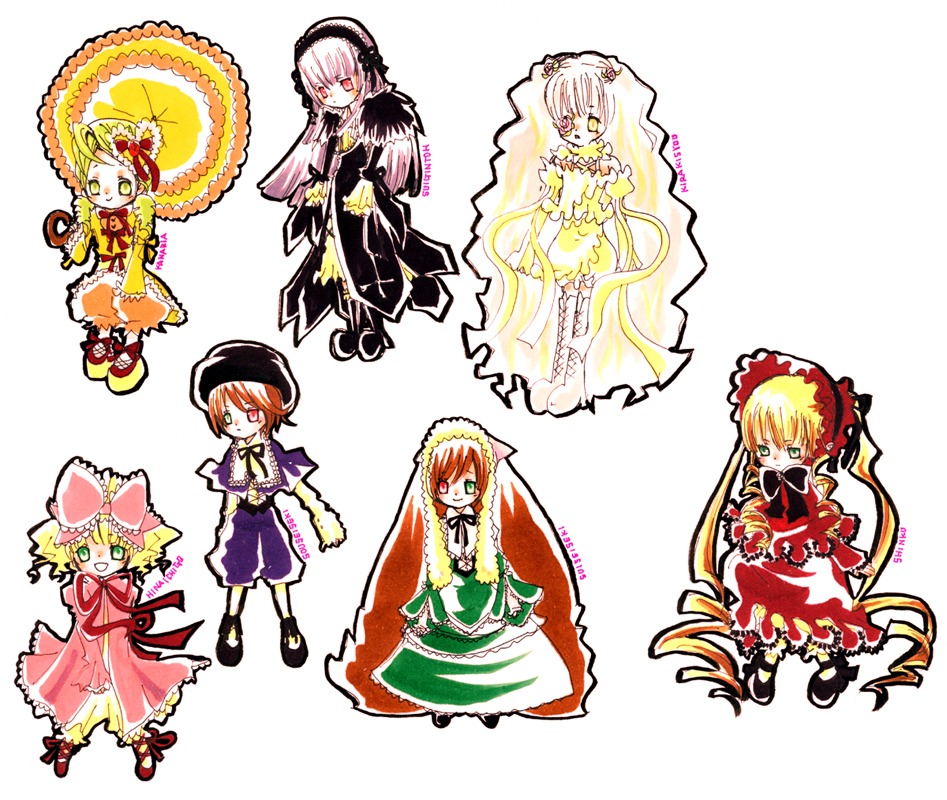 6+girls ankle_ribbon blonde_hair blue_eyes bow brown_hair dress flower frills full_body green_eyes head_scarf heterochromia hina_ichigo image kanaria long_hair long_sleeves looking_at_viewer multiple multiple_girls pink_bow pink_dress pink_hair red_eyes shinku short_hair sisters smile souseiseki standing suigintou suiseiseki tagme twintails very_long_hair white_background