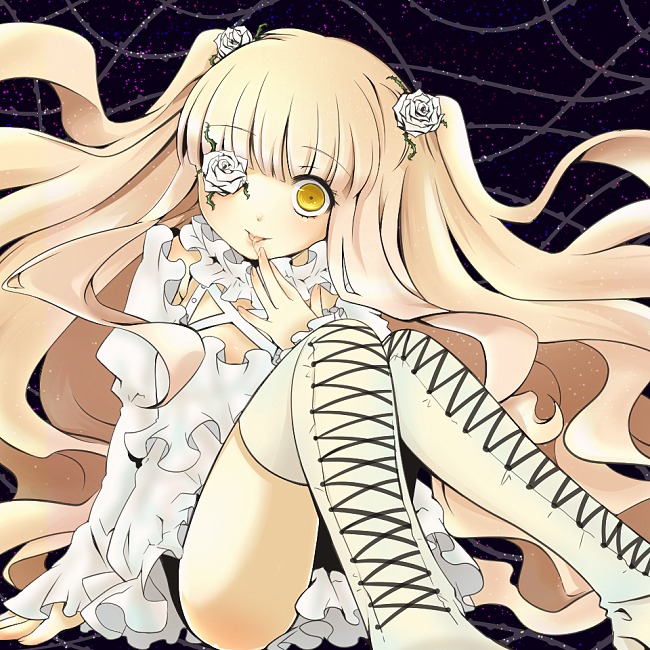 1girl blonde_hair boots cross-laced_footwear dress eyepatch flower frills hair_flower hair_ornament image kirakishou knee_boots lace-up_boots long_hair rose solo star_(sky) starry_sky thighhighs thorns tongue tongue_out two_side_up very_long_hair white_flower white_rose yellow_eyes