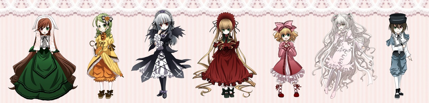 6+girls blonde_hair blue_eyes boots bow breasts brown_hair dress flower frills green_dress green_eyes green_hair hair_bow hair_flower hair_ornament hair_ribbon hat image long_hair long_sleeves looking_at_viewer multiple multiple_girls open_mouth pantyhose red_dress red_eyes ribbon shoes short_hair silver_hair smile tagme white_legwear wings