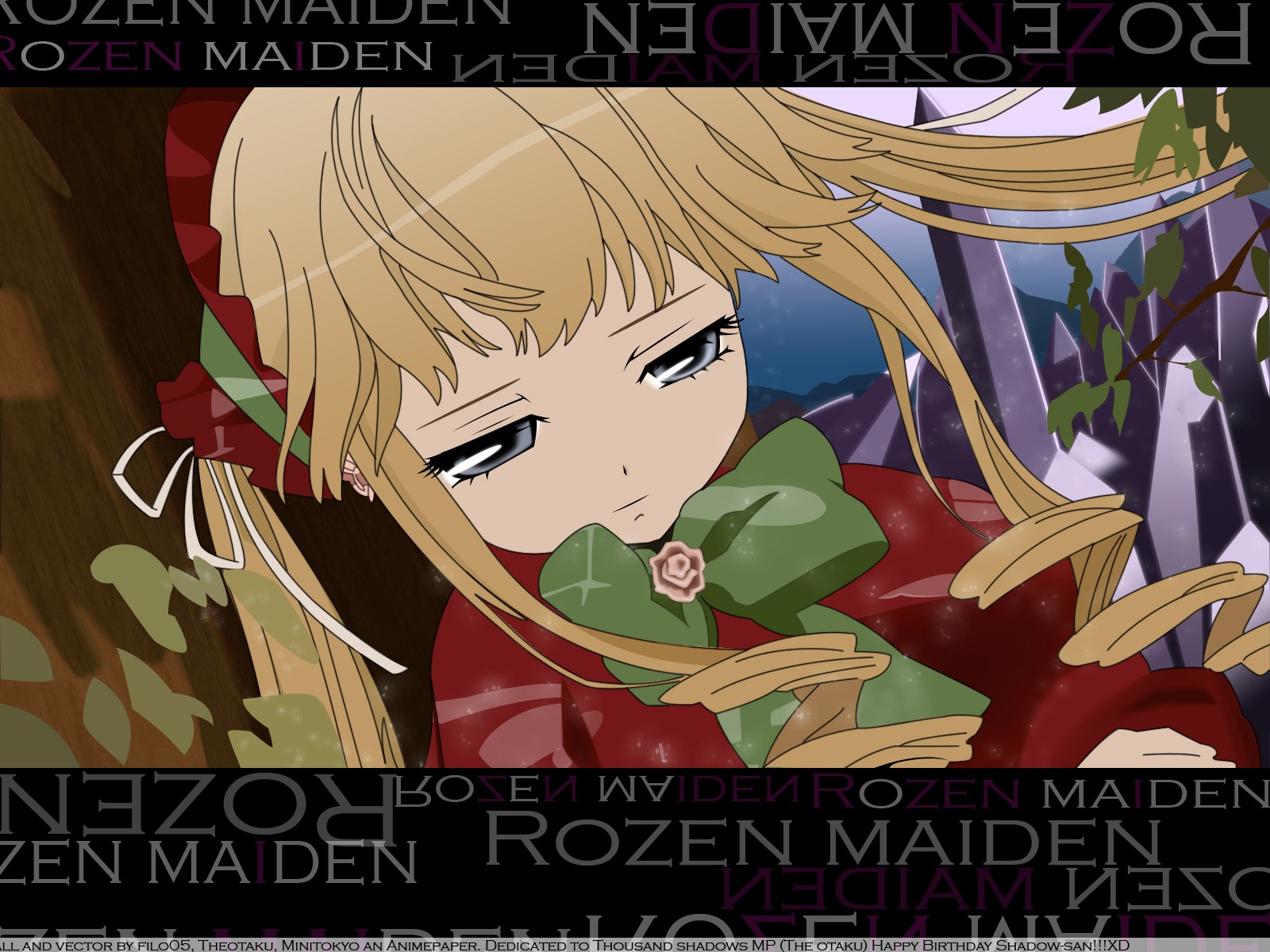 1girl blonde_hair blue_eyes bonnet bow bowtie dress drill_hair fake_screenshot flower green_bow image long_hair long_sleeves parody rose shinku sidelocks solo twintails upper_body