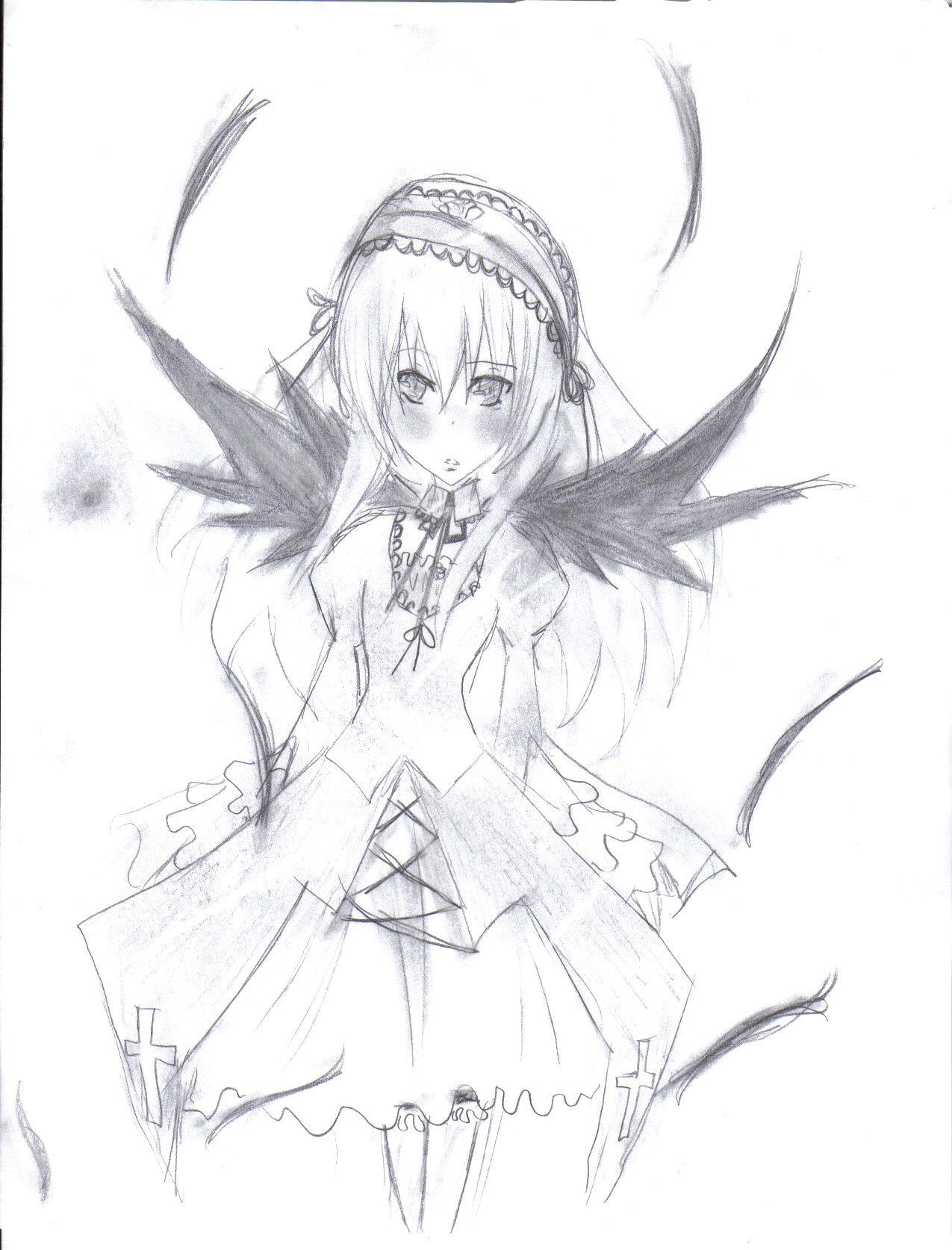 1girl blush dress eyebrows_visible_through_hair feathered_wings feathers frills greyscale hairband image long_sleeves looking_at_viewer monochrome ribbon solo suigintou traditional_media white_background wings