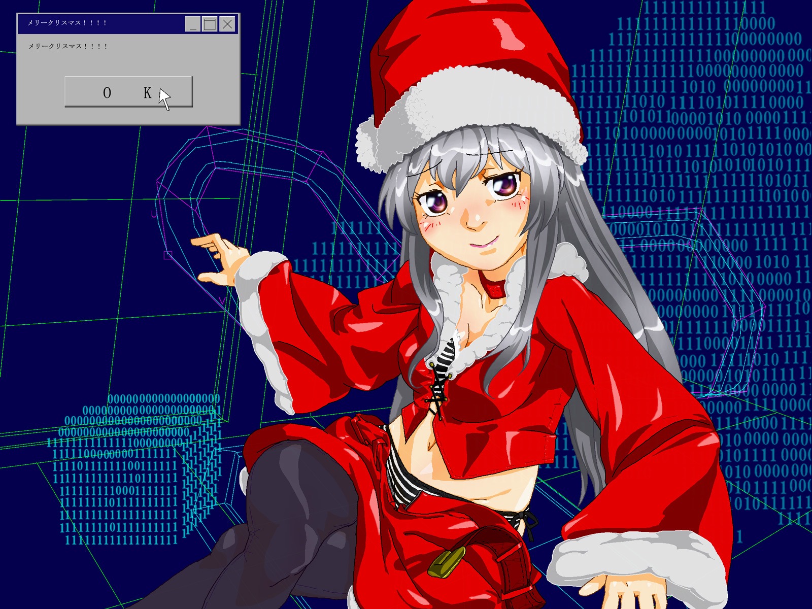 1girl black_legwear blush chain-link_fence fence hat honeycomb_(pattern) honeycomb_background image long_hair midriff pantyhose pink_eyes santa_costume santa_hat silver_hair smile solo suigintou