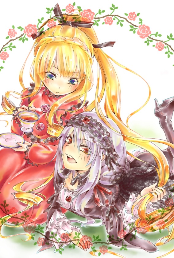 2girls blonde_hair blue_eyes blush cup dress flower hairband image lolita_fashion long_hair multiple_girls open_mouth pair red_eyes ribbon rose saucer shinku suigintou tea teacup teapot