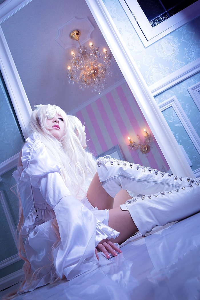 1girl indoors kirakishou sitting solo white_dress white_hair window