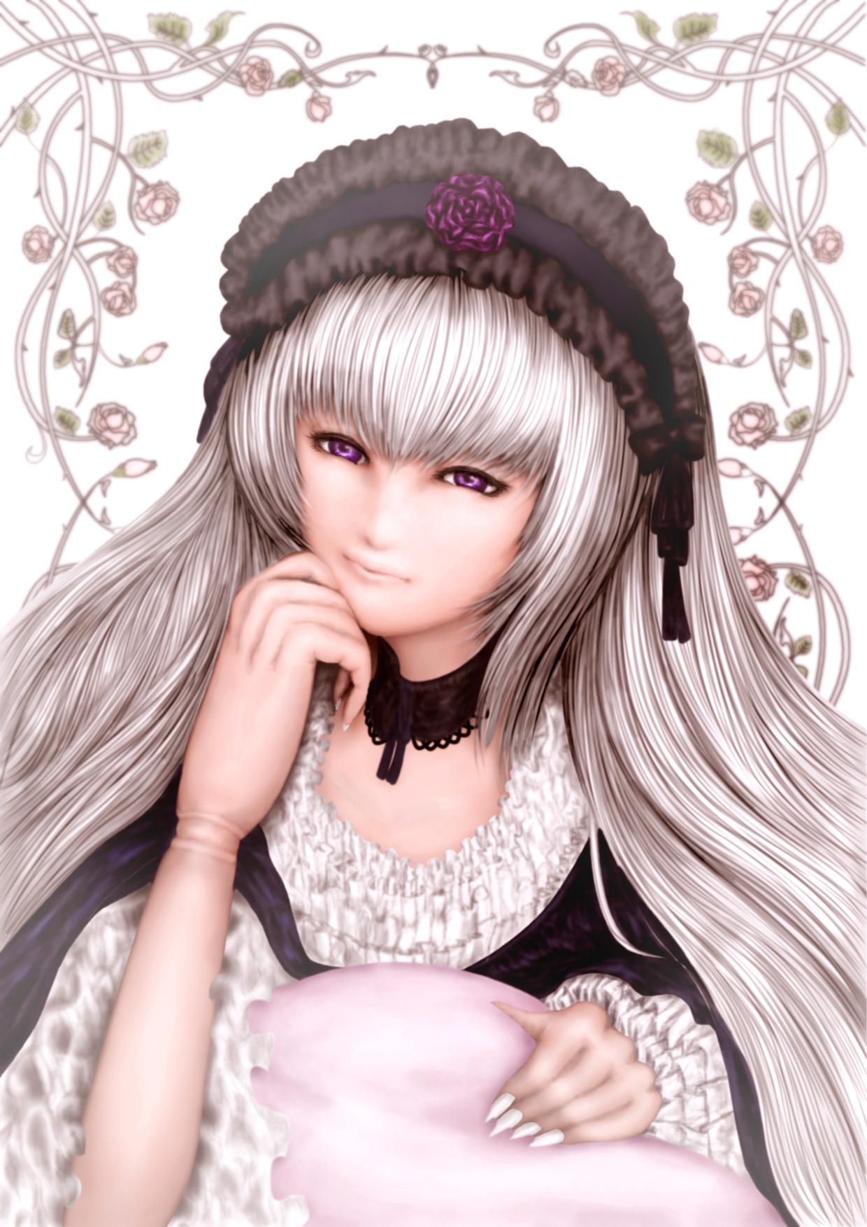 1girl chin_rest flower frills hairband image lolita_fashion long_hair looking_at_viewer purple_eyes rose silver_hair solo suigintou