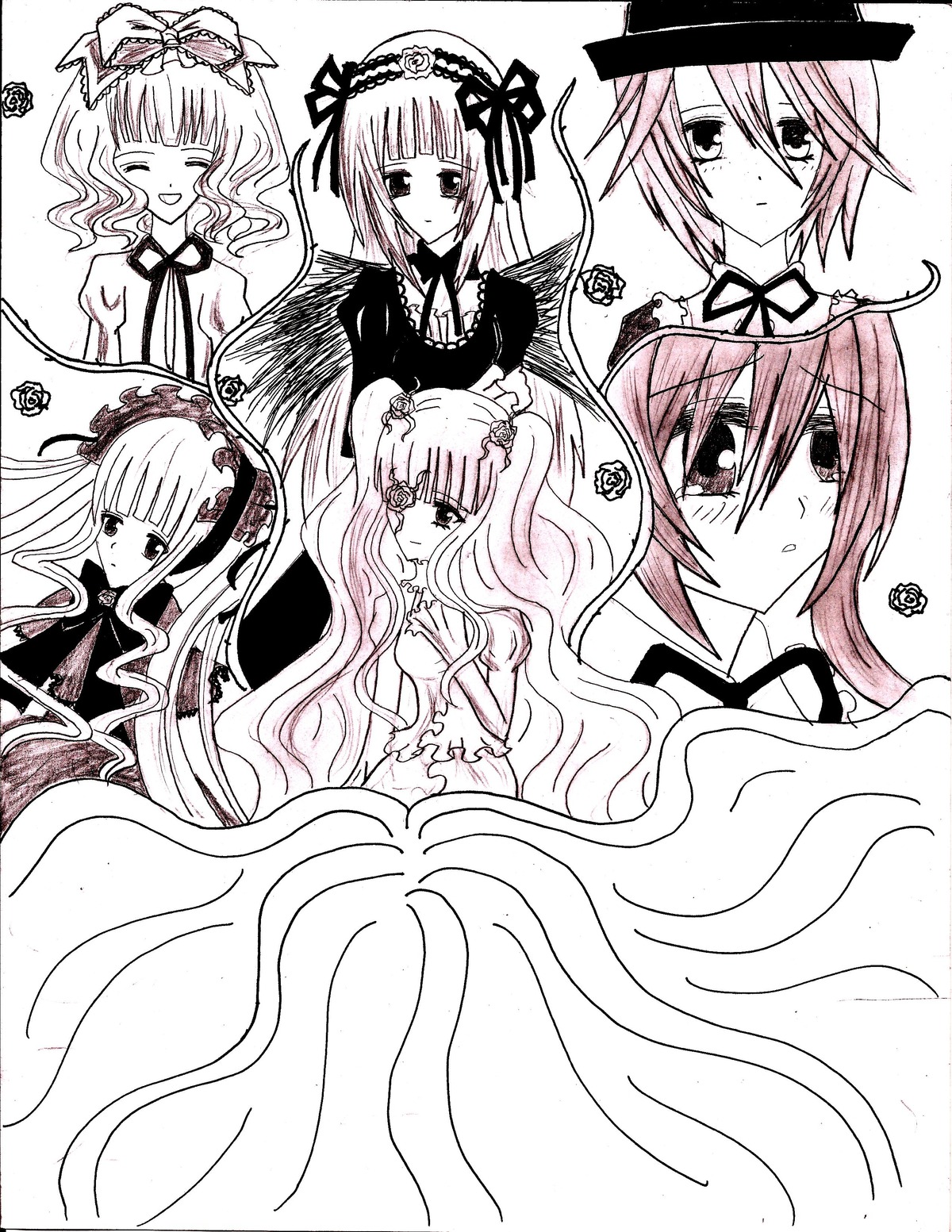 6+girls blunt_bangs blush bow closed_eyes dress flower frills greyscale hairband hat image lolita_hairband long_hair long_sleeves looking_at_viewer monochrome multiple multiple_girls ribbon smile suigintou tagme twintails