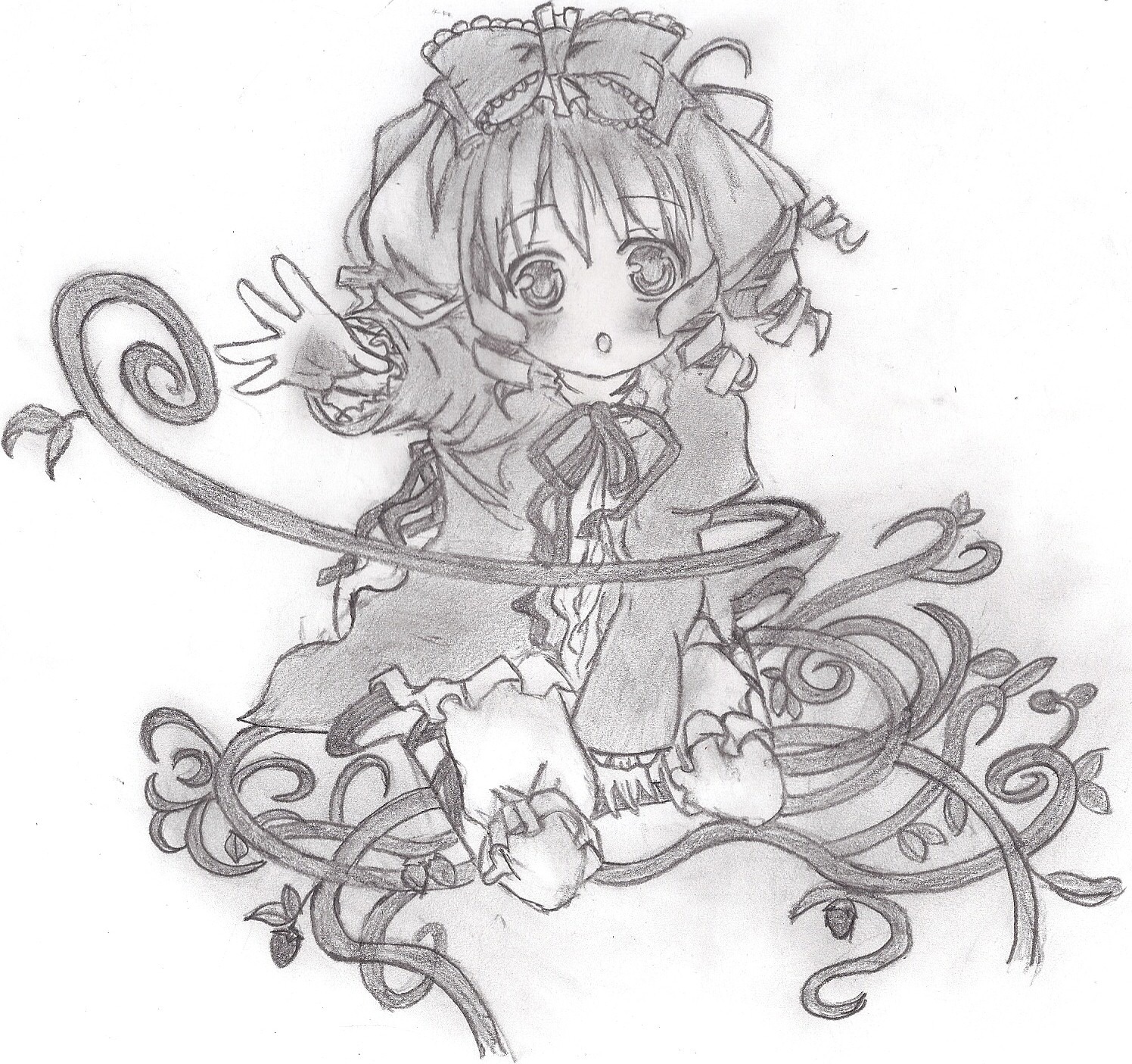 1girl blush dress drill_hair greyscale hat hinaichigo image monochrome solo traditional_media