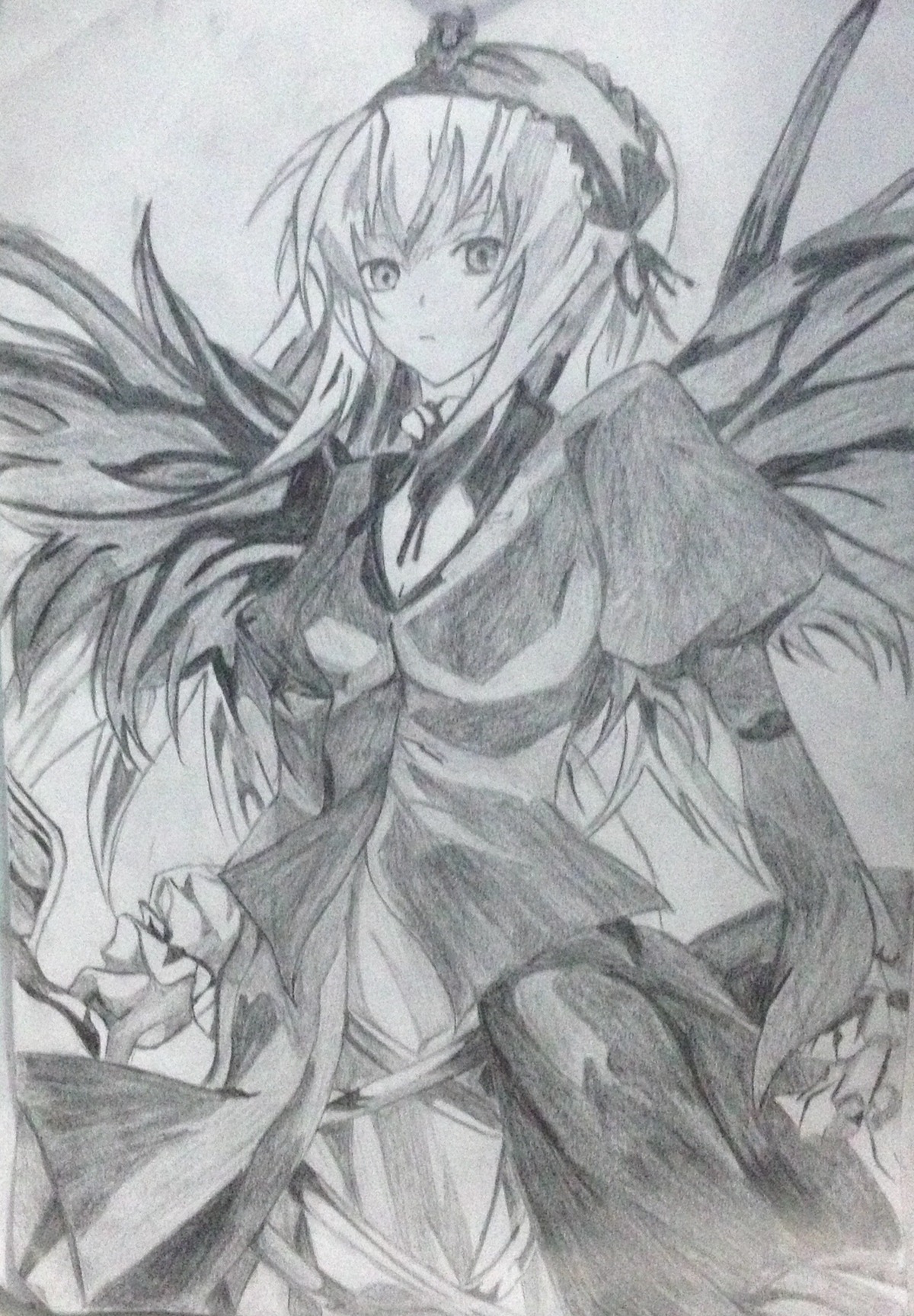 1girl dress frills greyscale hairband image long_hair long_sleeves looking_at_viewer monochrome puffy_sleeves solo suigintou traditional_media wings