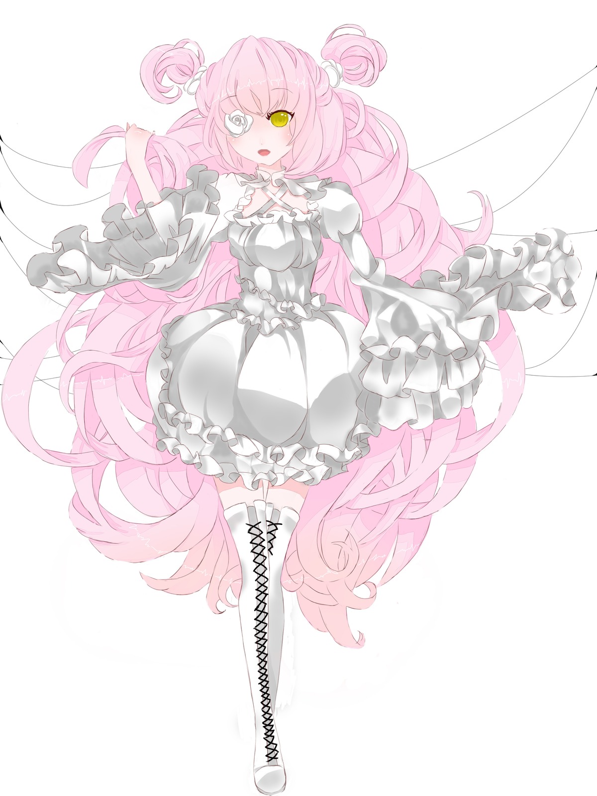 1girl boots breasts cross-laced_footwear double_bun dress frilled_dress frilled_sleeves frills full_body image kirakishou knee_boots long_hair long_sleeves open_mouth pink_hair puffy_sleeves solo striped very_long_hair white_footwear yellow_eyes