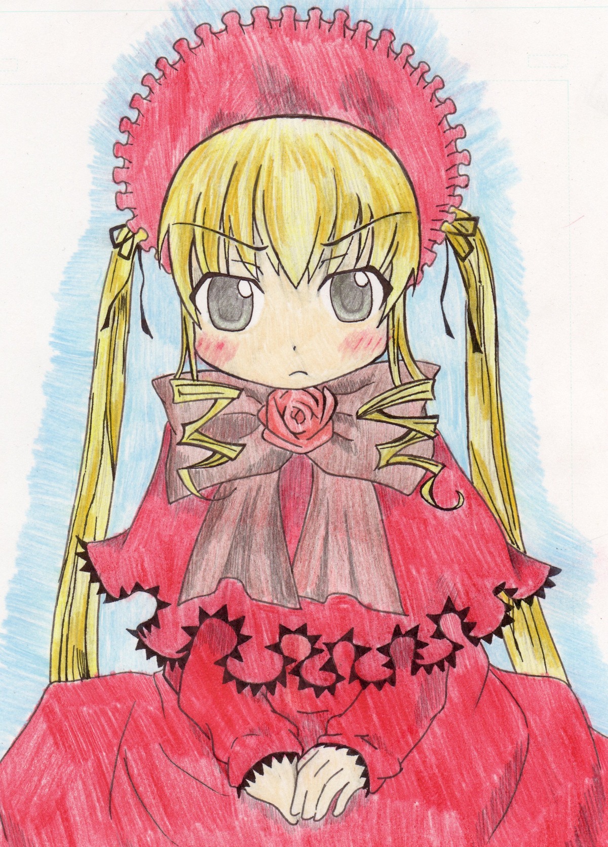 1girl :< blonde_hair blush bonnet bow bowtie dress drill_hair flower image long_hair long_sleeves looking_at_viewer pout red_dress rose shinku solo traditional_media twintails very_long_hair