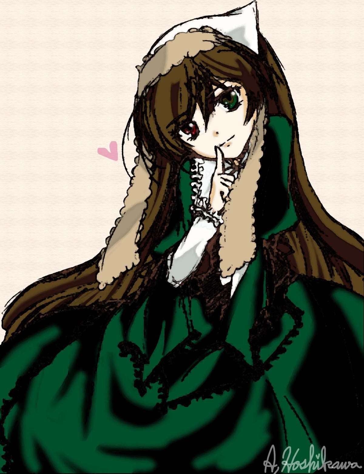 1girl artist_name brown_hair dress finger_to_mouth frills green_dress green_eyes heart heterochromia image index_finger_raised long_hair long_sleeves looking_at_viewer red_eyes simple_background smile solo suiseiseki very_long_hair