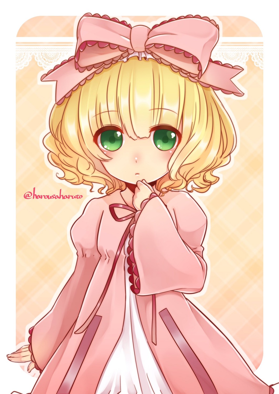 1girl bangs blonde_hair bow cowboy_shot dress eyebrows_visible_through_hair frills green_eyes hina_ichigo hinaichigo image juliet_sleeves long_sleeves looking_at_viewer pink_bow pink_dress puffy_sleeves ribbon short_hair solo striped striped_background twitter_username wide_sleeves