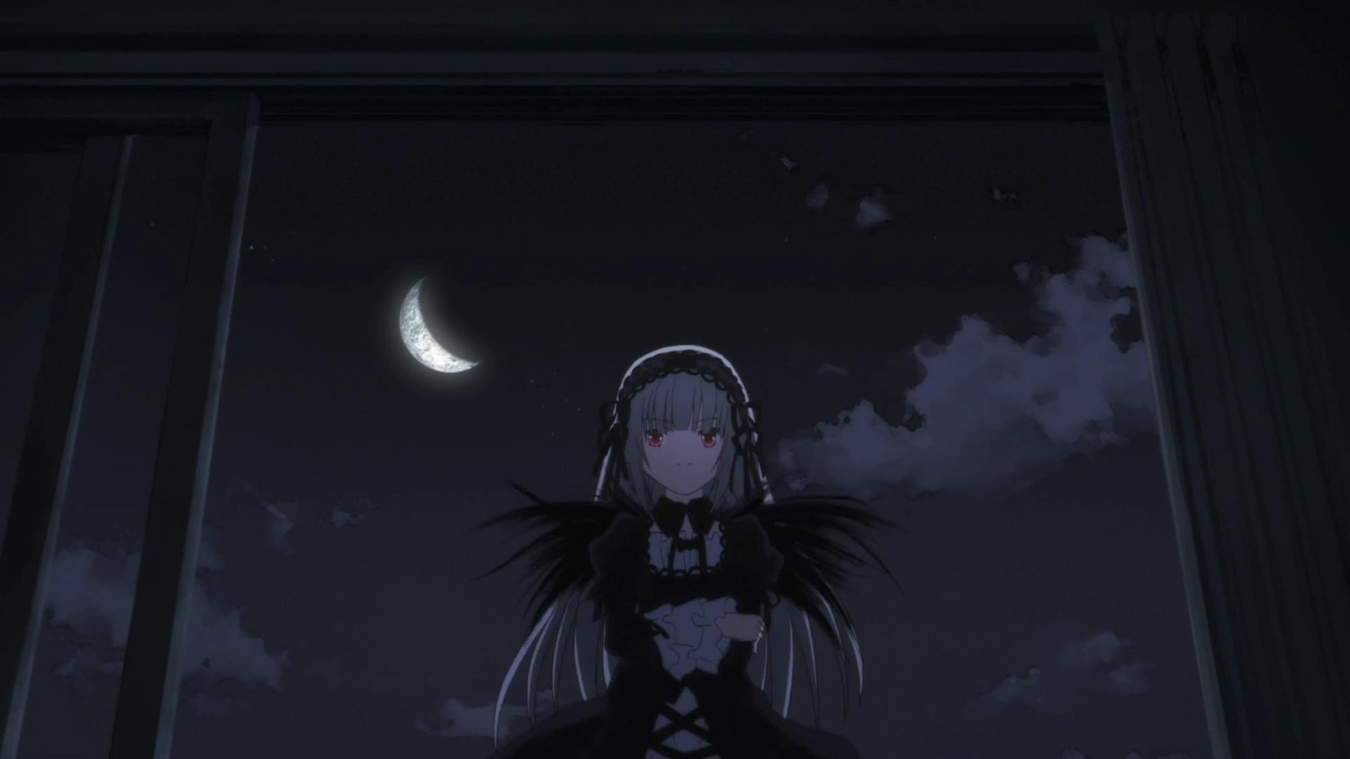 1girl bangs black_dress closed_mouth cloud crescent_moon dress frills gothic_lolita hairband image lolita_fashion long_hair long_sleeves looking_at_viewer moon night red_eyes sky solo suigintou very_long_hair