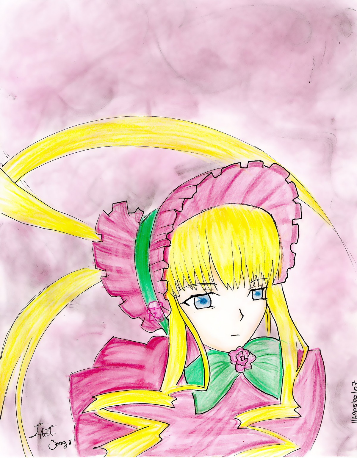 1girl auto_tagged bangs blonde_hair blue_eyes bonnet bow bowtie dress flower green_bow image long_hair long_sleeves looking_afar looking_at_viewer parody rose shinku sidelocks signature solo twintails