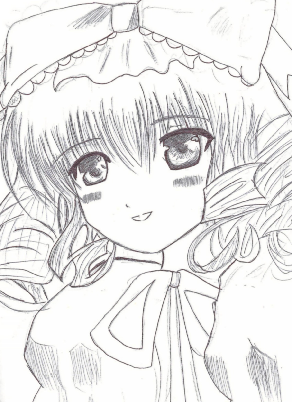 1girl blush close-up drill_hair eyebrows_visible_through_hair greyscale hinaichigo image looking_at_viewer monochrome ribbon simple_background smile solo white_background