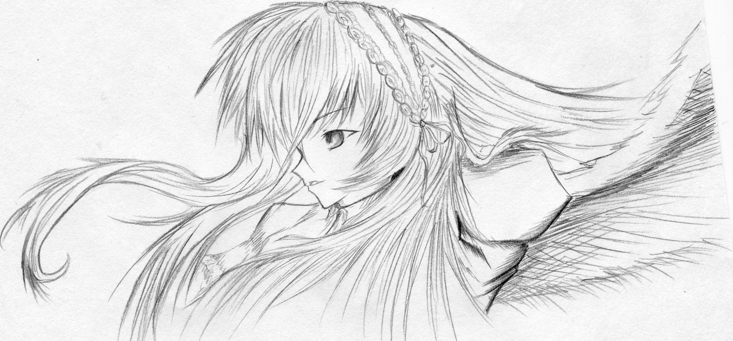 1girl floating_hair frills greyscale hairband image long_hair monochrome profile ribbon simple_background solo suigintou upper_body white_background