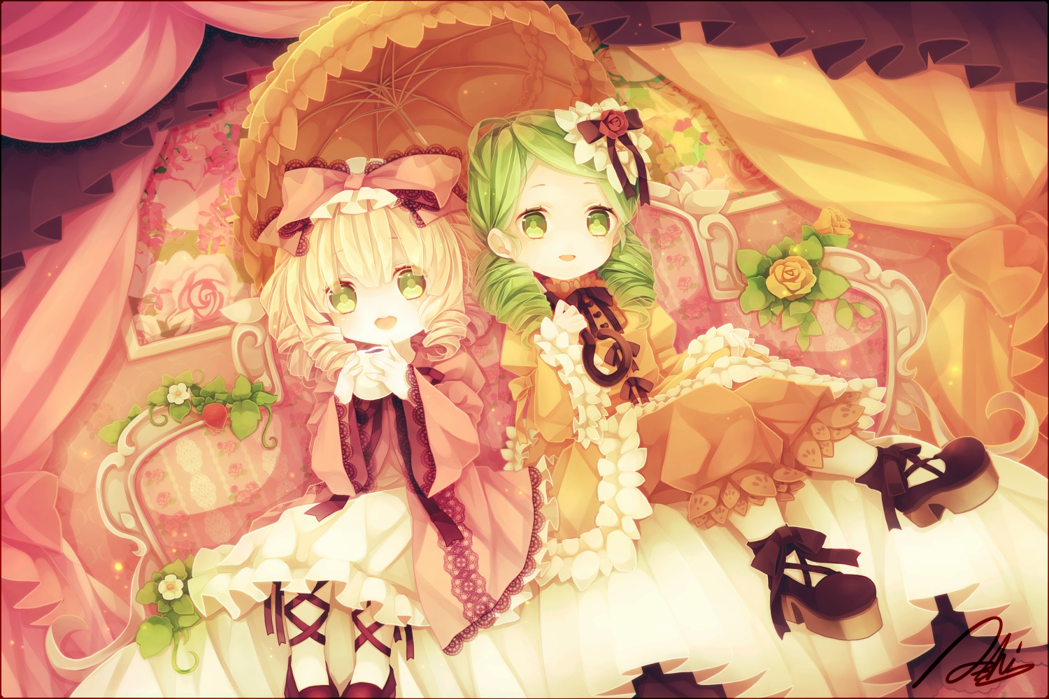 2girls blonde_hair bloomers boots bow curtains dress drill_hair flower frills green_eyes green_hair hair_ornament hinaichigo holding_umbrella image kanaria long_hair long_sleeves looking_at_viewer multiple_girls open_mouth pair parasol shared_umbrella short_hair siblings sisters smile umbrella underwear