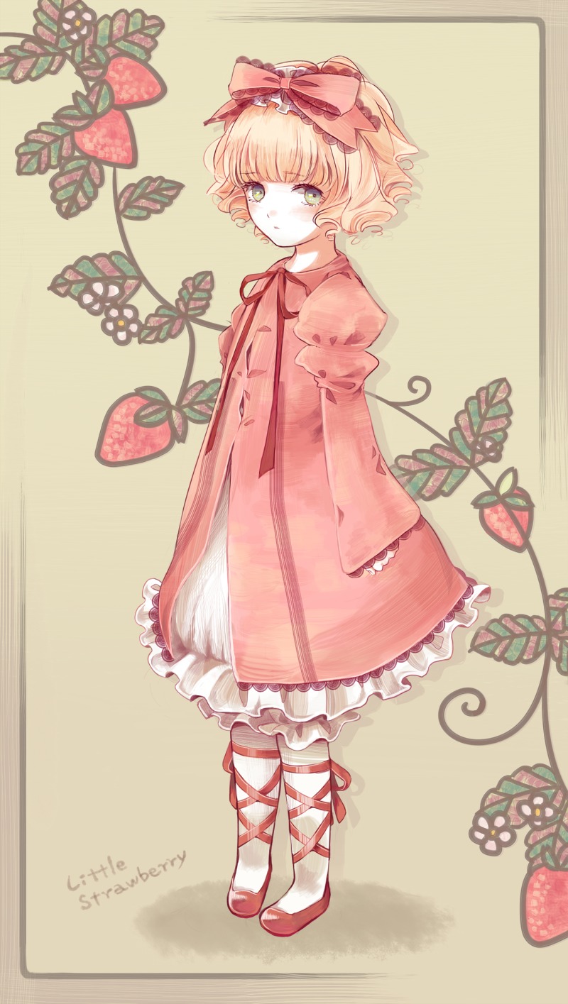 1girl blonde_hair bow dress flower food food_print frills fruit full_body green_eyes hair_bow hina_ichigo hinaichigo image long_sleeves looking_at_viewer object_namesake pantyhose pink_bow pink_dress plant puffy_sleeves red_footwear ribbon shoes short_hair solo standing strawberry strawberry_print white_legwear