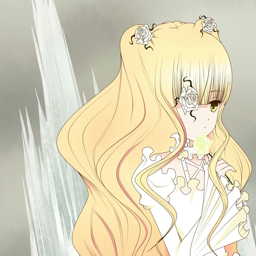 1girl blonde_hair dress eyepatch flower frills hair_flower hair_ornament image kirakishou long_hair rose solo white_flower white_rose yellow_eyes