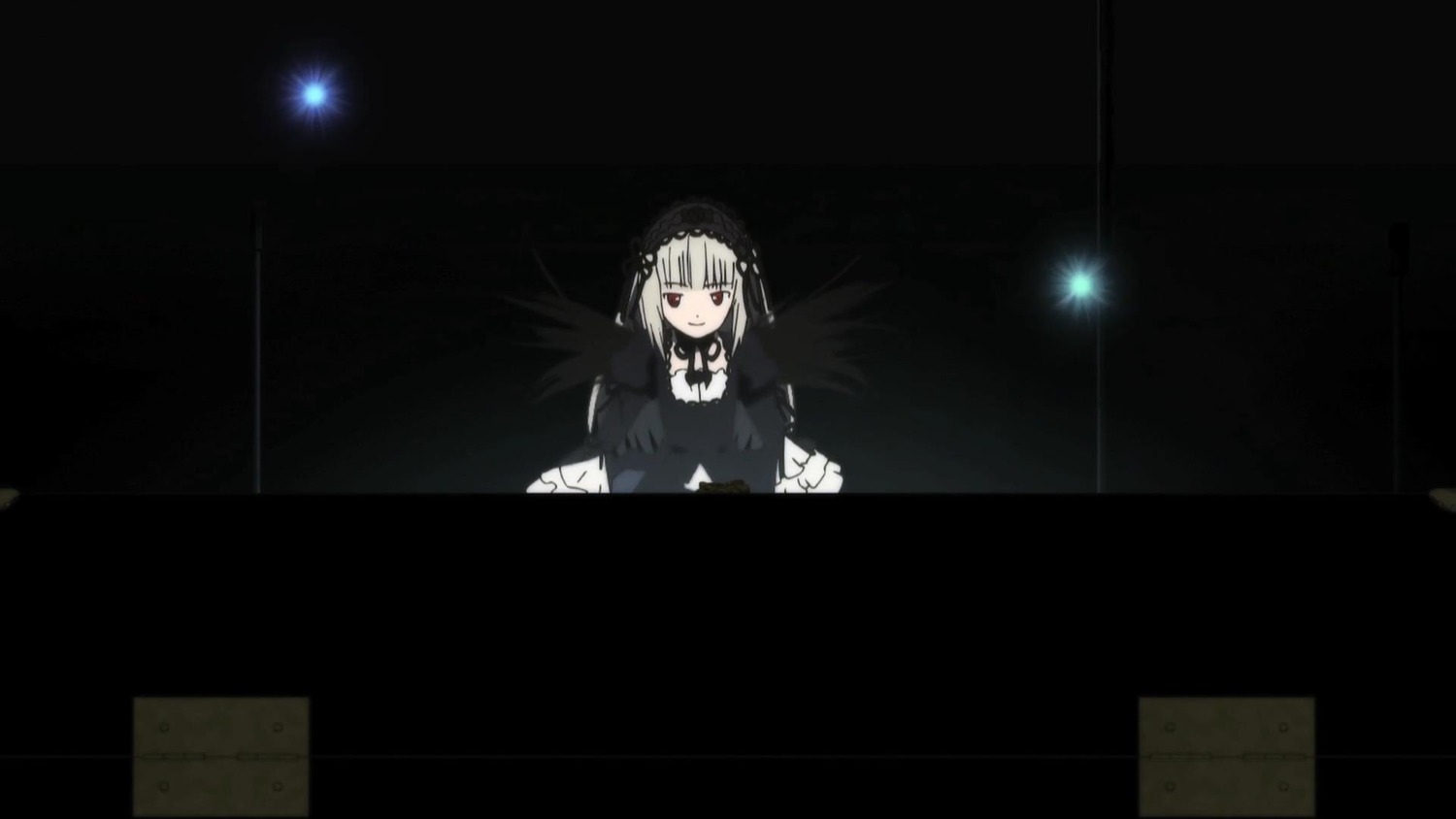 1girl auto_tagged bangs black_background black_dress dress hairband image long_hair long_sleeves looking_at_viewer red_eyes ribbon silver_hair solo suigintou