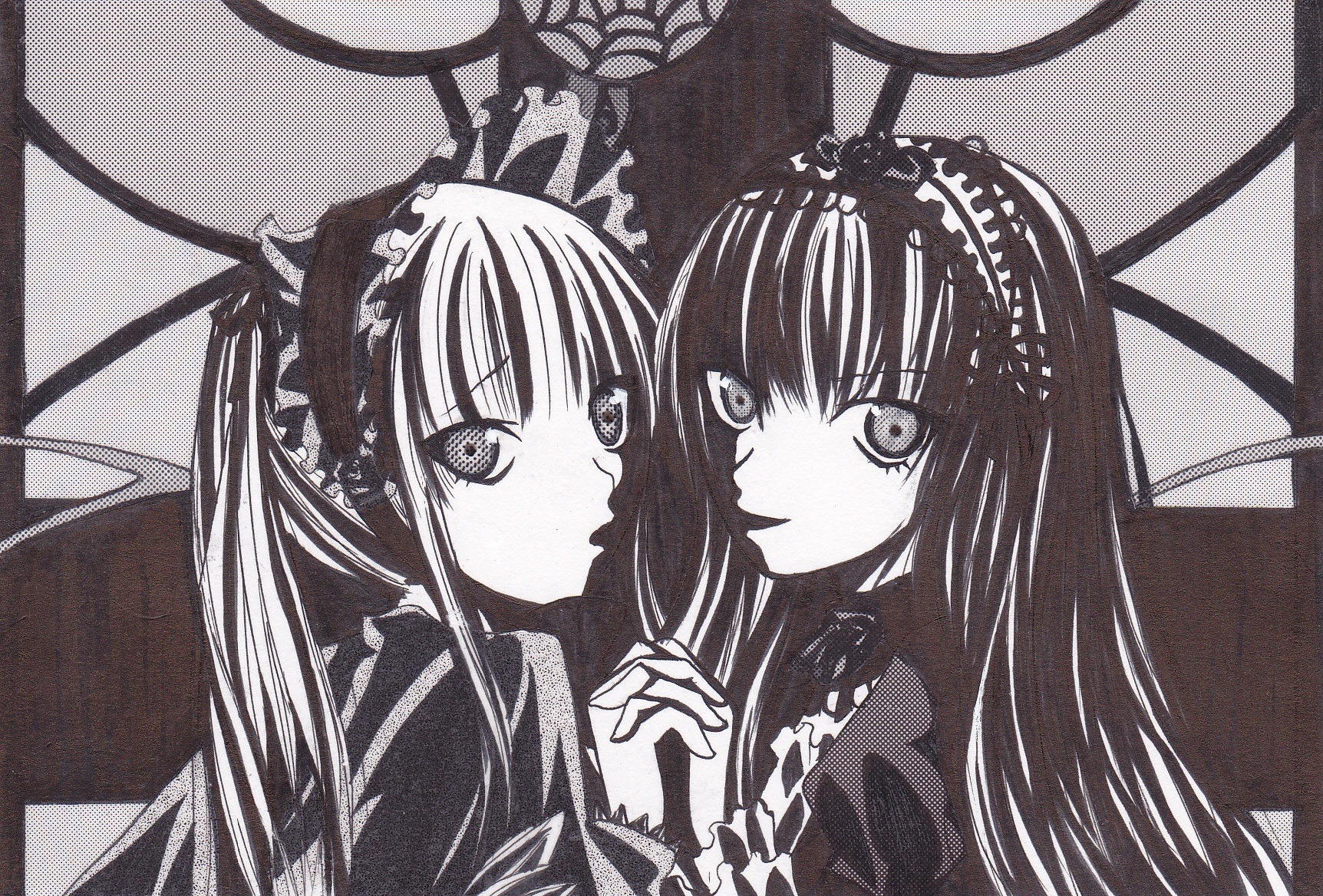 2girls frills hairband holding_hands image lolita_fashion long_hair looking_at_viewer monochrome multiple_girls pair shinku siblings sisters smile suigintou traditional_media twintails