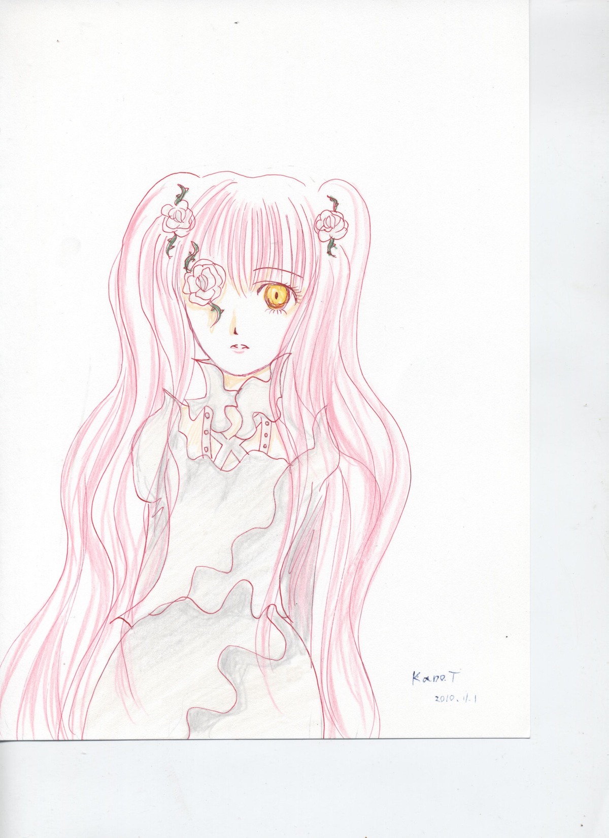 1girl dress flower hair_flower hair_ornament image kirakishou long_hair pink_hair rose solo striped traditional_media two_side_up very_long_hair yellow_eyes