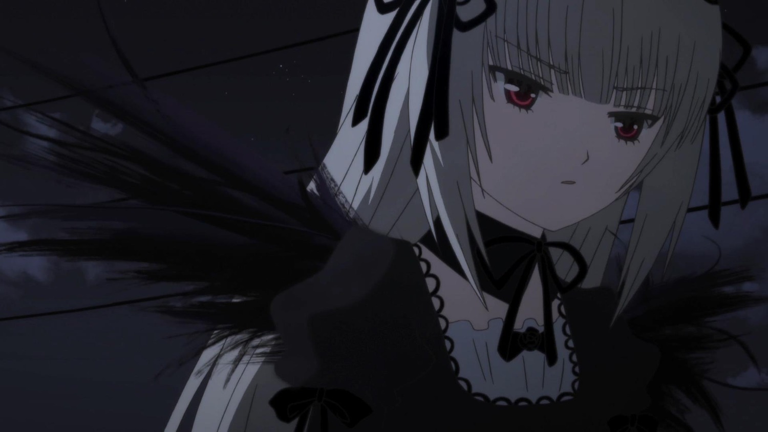 1girl bangs black_ribbon black_wings closed_mouth detached_collar dress frills hair_ribbon image long_hair long_sleeves looking_at_viewer red_eyes ribbon silver_hair solo suigintou upper_body