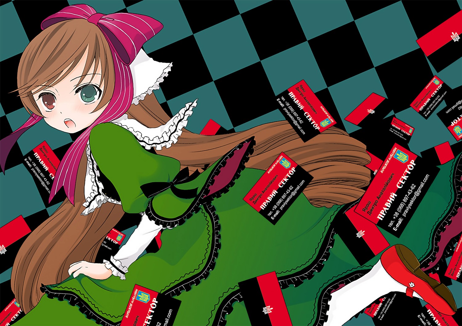 1girl argyle argyle_background argyle_legwear board_game bow brown_hair checkerboard_cookie checkered checkered_background checkered_floor checkered_kimono checkered_skirt chess_piece cookie diamond_(shape) dress flag floor green_eyes hair_bow heterochromia image knight_(chess) long_hair on_floor open_mouth perspective plaid_background red_eyes red_footwear reflection ribbon solo suiseiseki tile_floor tile_wall tiles vanishing_point