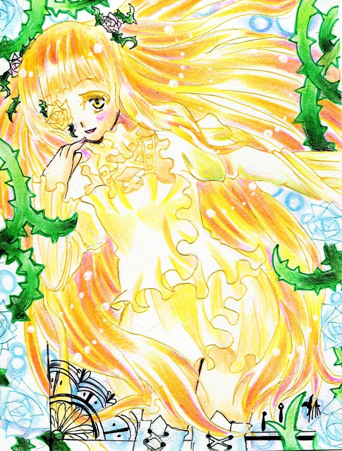 1girl blonde_hair bug butterfly dress flower frills image insect kirakishou long_hair long_sleeves marker_(medium) plant rose solo thorns traditional_media very_long_hair vines watercolor_(medium)