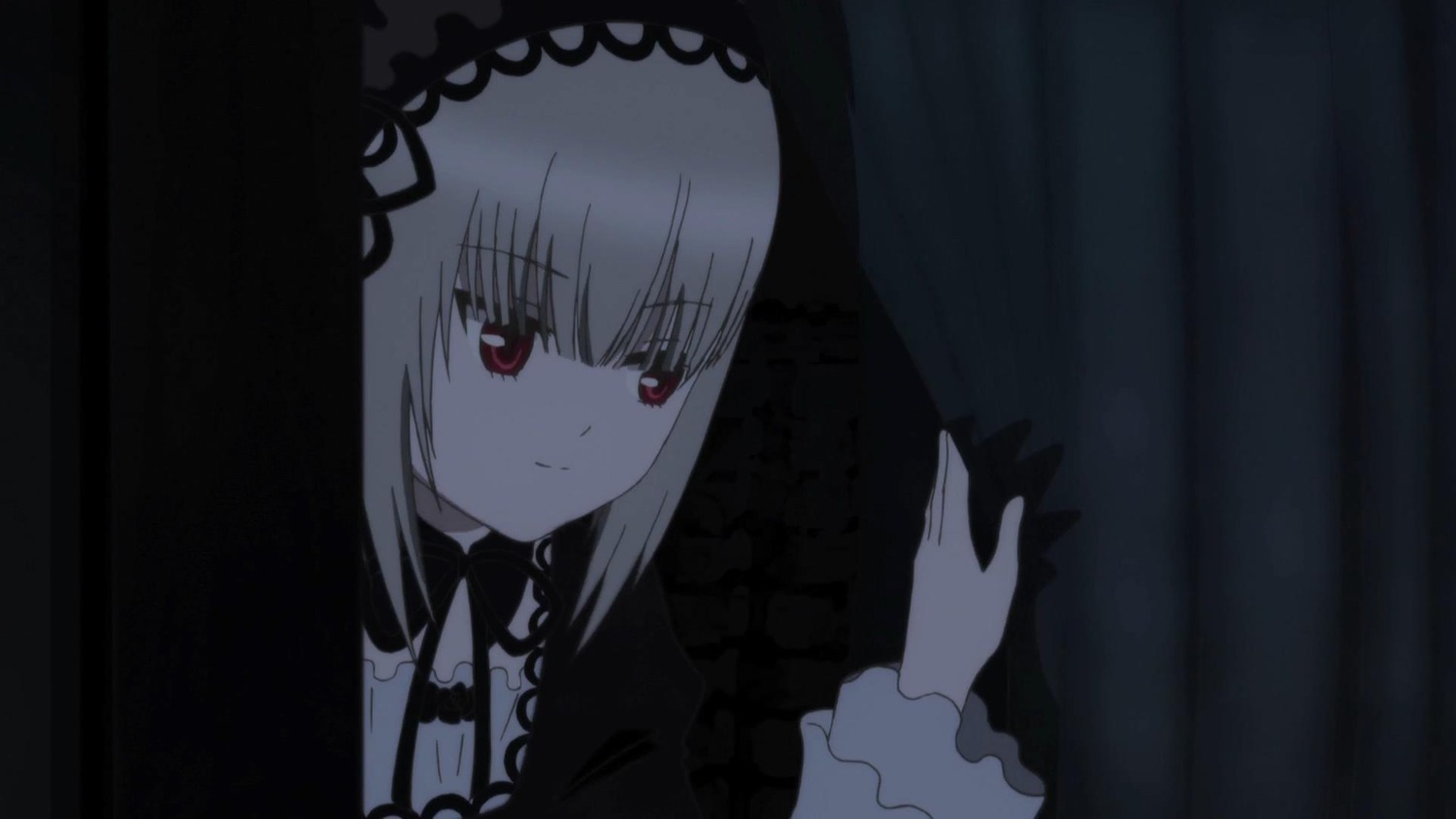 1girl bangs closed_mouth curtains dress eyebrows_visible_through_hair hairband image long_hair long_sleeves looking_at_viewer red_eyes smile solo suigintou