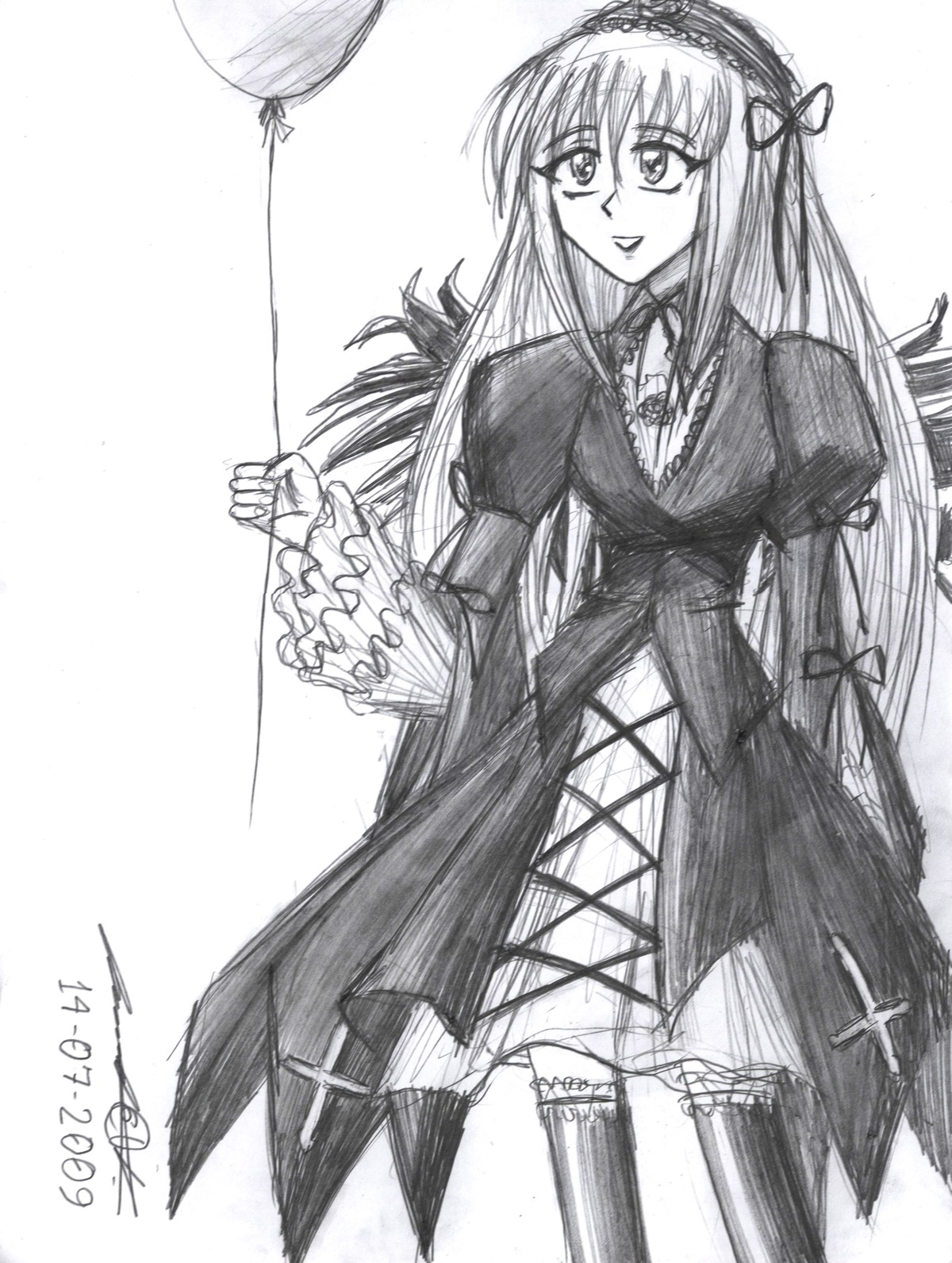1girl dated dress frills greyscale hairband image long_hair long_sleeves looking_at_viewer monochrome signature simple_background smile solo standing suigintou traditional_media very_long_hair