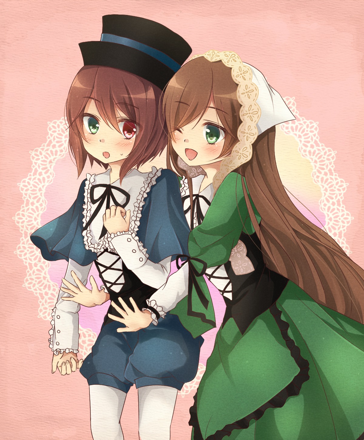 2girls auto_tagged blue_dress blush brown_hair dress frills green_dress green_eyes hat holding_hands image long_hair long_sleeves multiple_girls open_mouth pair pantyhose ribbon short_hair shorts siblings sisters smile souseiseki suiseiseki top_hat twins very_long_hair