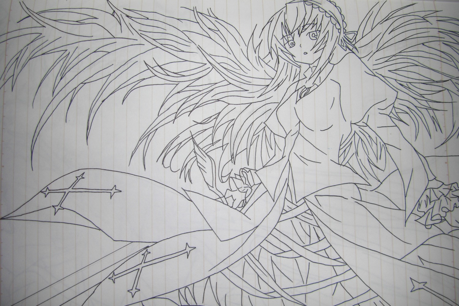 1girl dress feathered_wings frills hairband image long_hair long_sleeves looking_at_viewer monochrome power_lines simple_background solo suigintou traditional_media very_long_hair wings