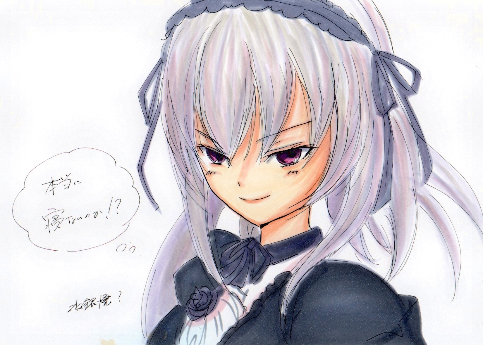 1girl black_ribbon closed_mouth flower frills hairband half-closed_eyes image long_hair looking_at_viewer purple_eyes ribbon rose silver_hair simple_background smile solo suigintou traditional_media white_background