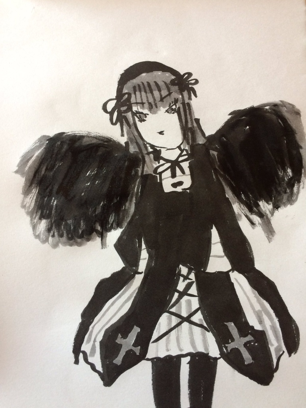 1girl bangs black_wings dress feathered_wings greyscale hairband image long_hair long_sleeves looking_at_viewer monochrome pantyhose ribbon solo standing star_(symbol) suigintou wings
