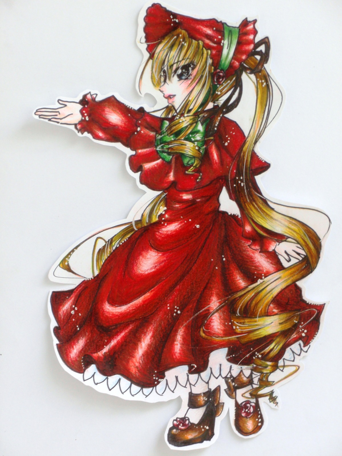 1girl blonde_hair bonnet bow dress full_body image long_hair long_sleeves looking_at_viewer marker_(medium) red_dress shinku shoes solo traditional_media very_long_hair