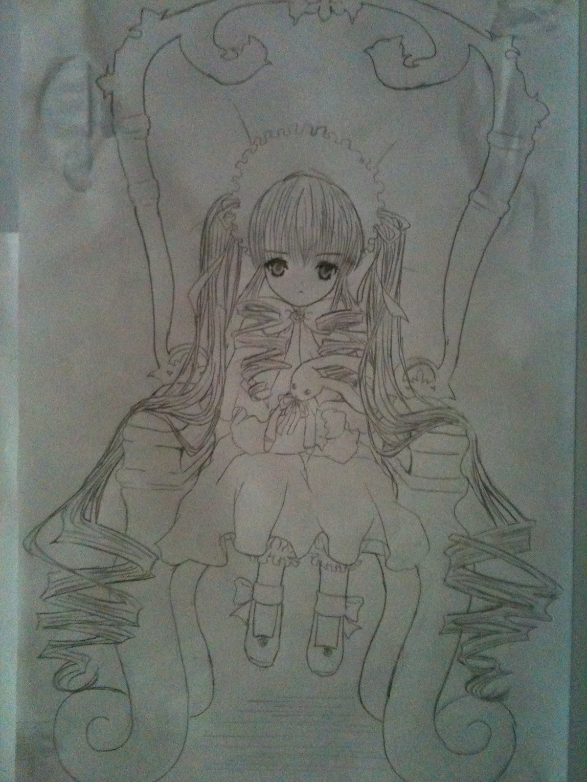 1girl dress drill_hair full_body graphite_(medium) image long_hair long_sleeves looking_at_viewer monochrome photo shinku sitting solo stuffed_animal stuffed_bunny traditional_media twin_drills twintails very_long_hair