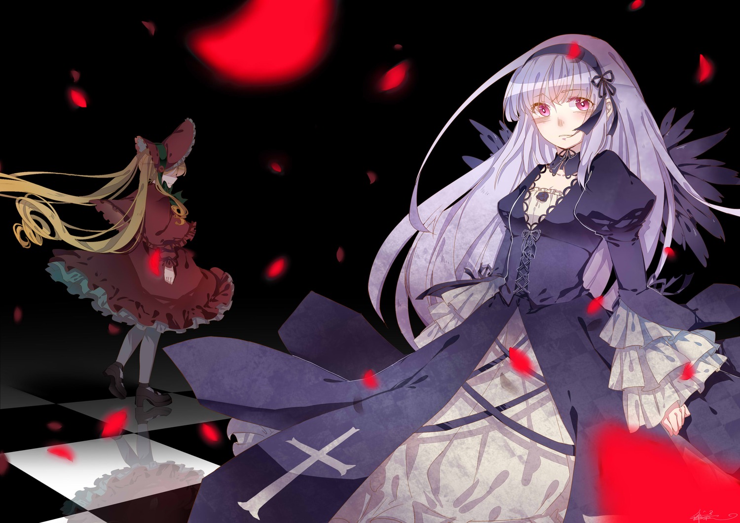 2girls argyle argyle_background blonde_hair checkered checkered_background checkered_floor chess_piece dress flower frills hairband image lolita_hairband long_hair multiple_girls petals pink_eyes rose rose_petals shinku silver_hair solo suigintou tile_floor tiles very_long_hair